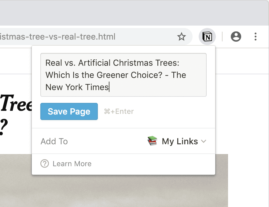 螢幕截圖，網頁擷取器將網頁儲存至 Notion