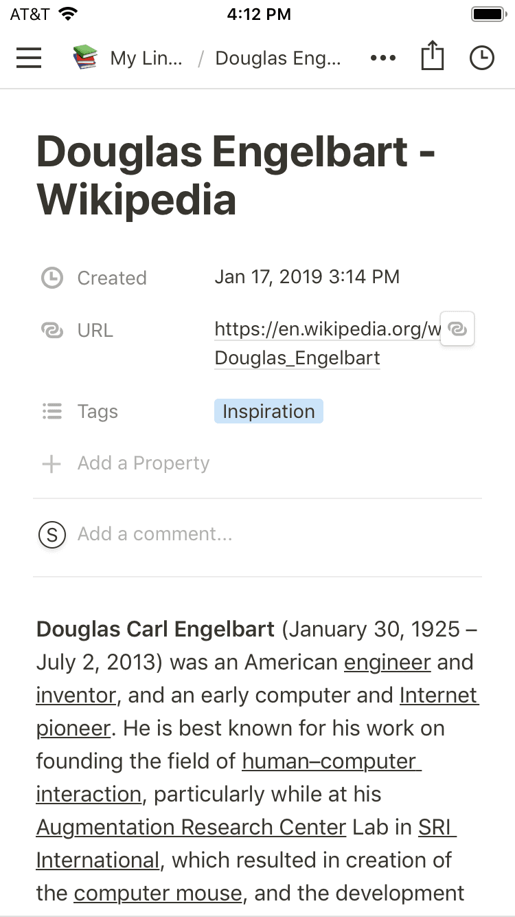 螢幕截圖，分享至 Notion 文件且包含屬性的連結