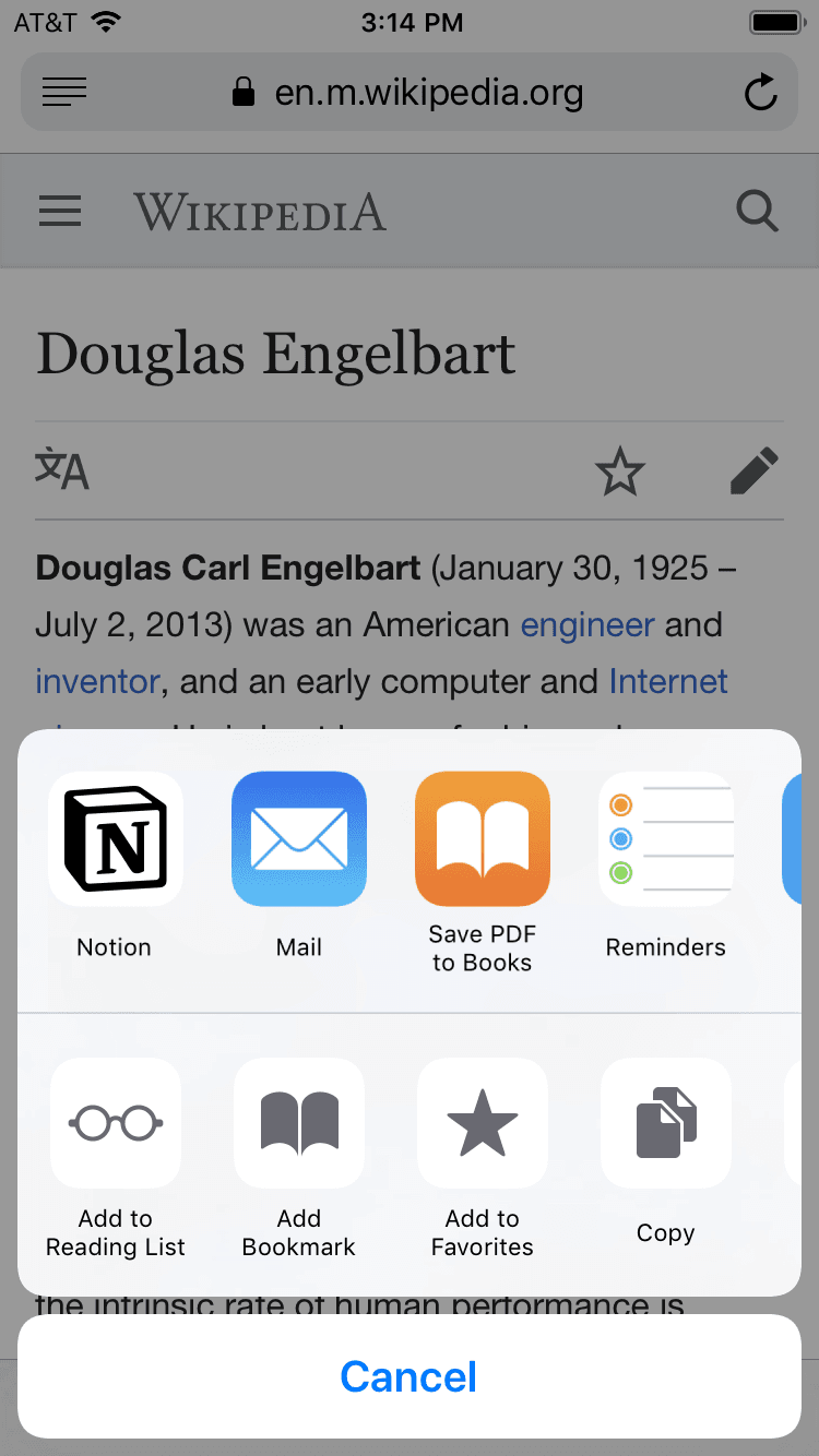 螢幕截圖，iOS 分享選單，其中顯示要把連結儲存到 Notion，以及其他應用程式