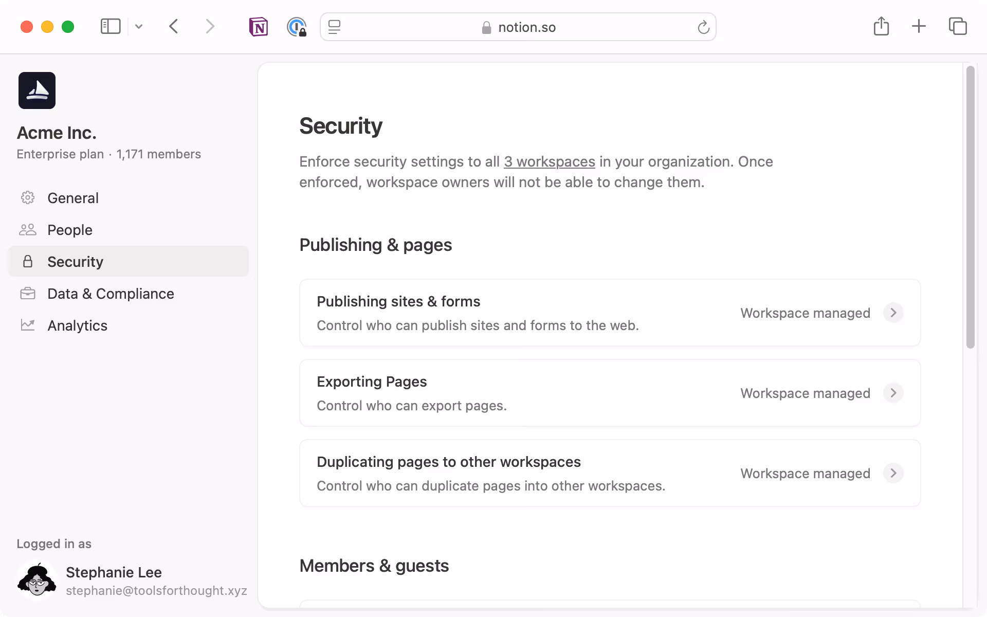 Manage security settings like publishing pages, members, guests and integrations in the security tab.