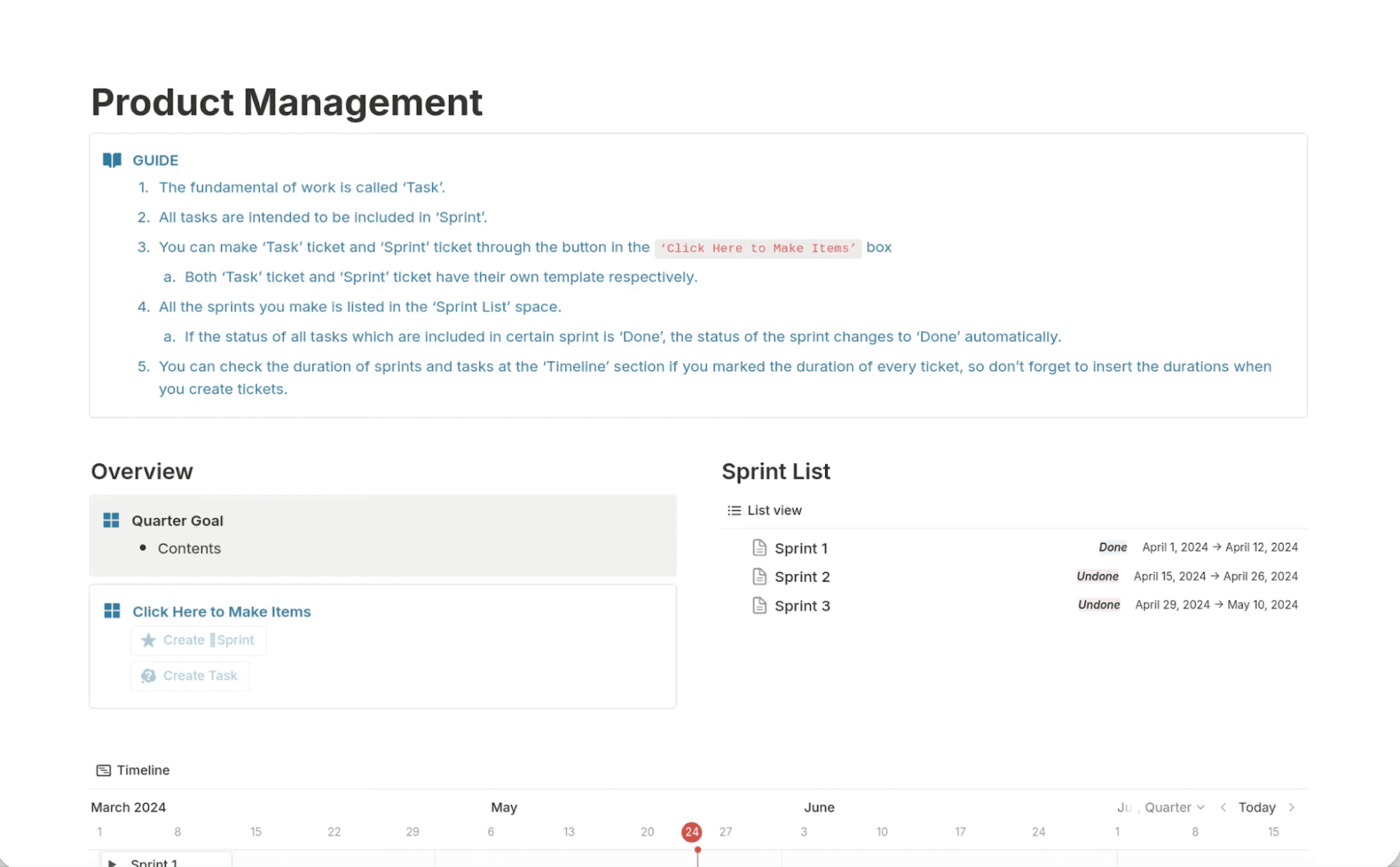 A product management template, available in Notion, showing project overview, sprint list, and timeline.
