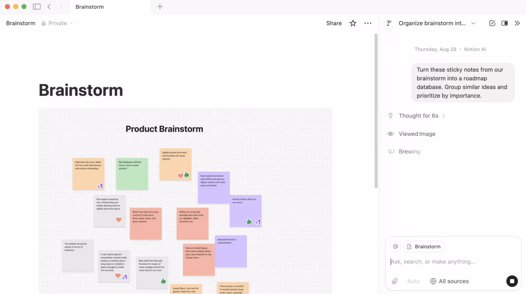 A Notion AI prompt to turn brainstorm notes into a roadmap database.
