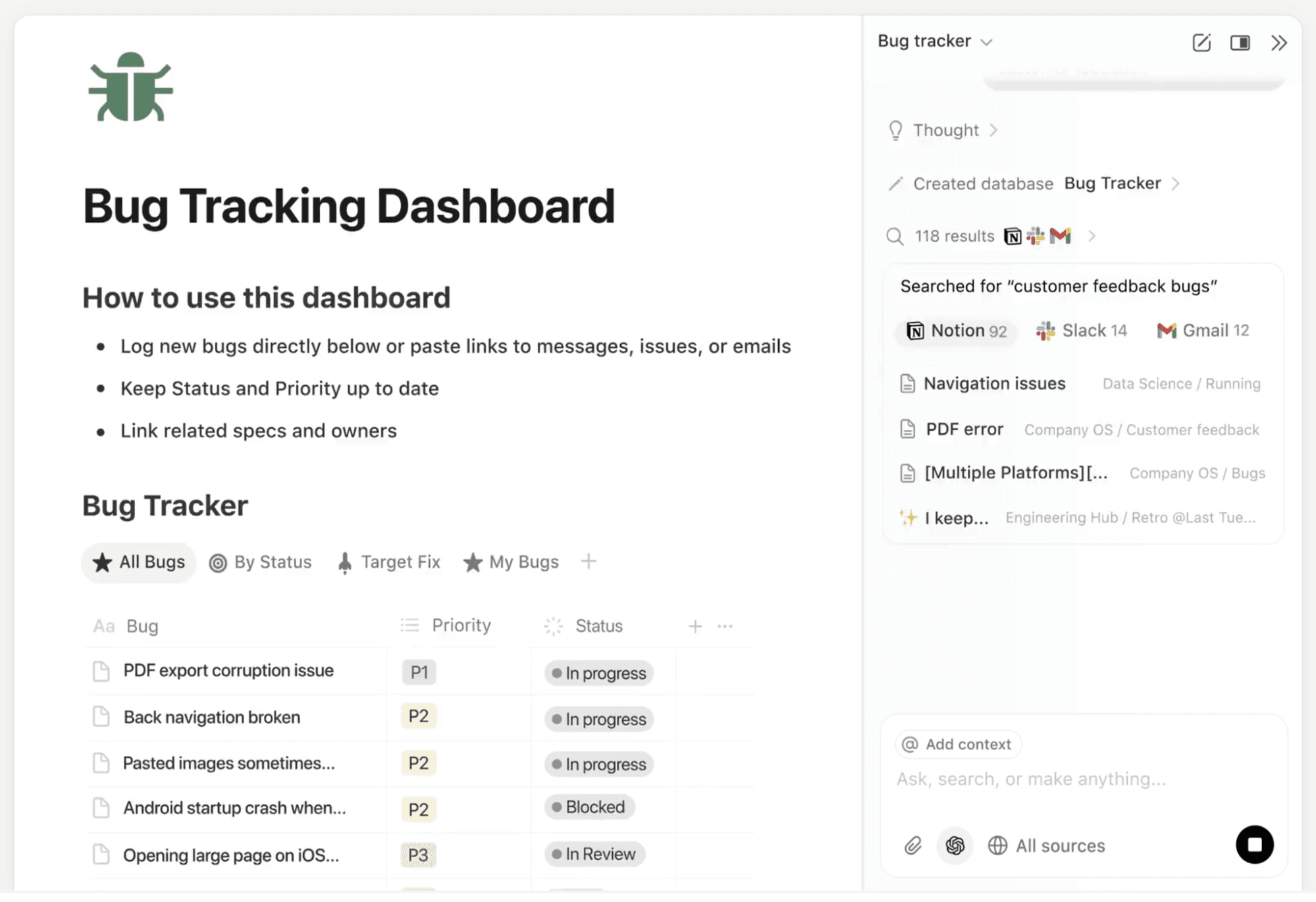A screenshot that shows an example of a bug tracking dashboard that Notion AI created